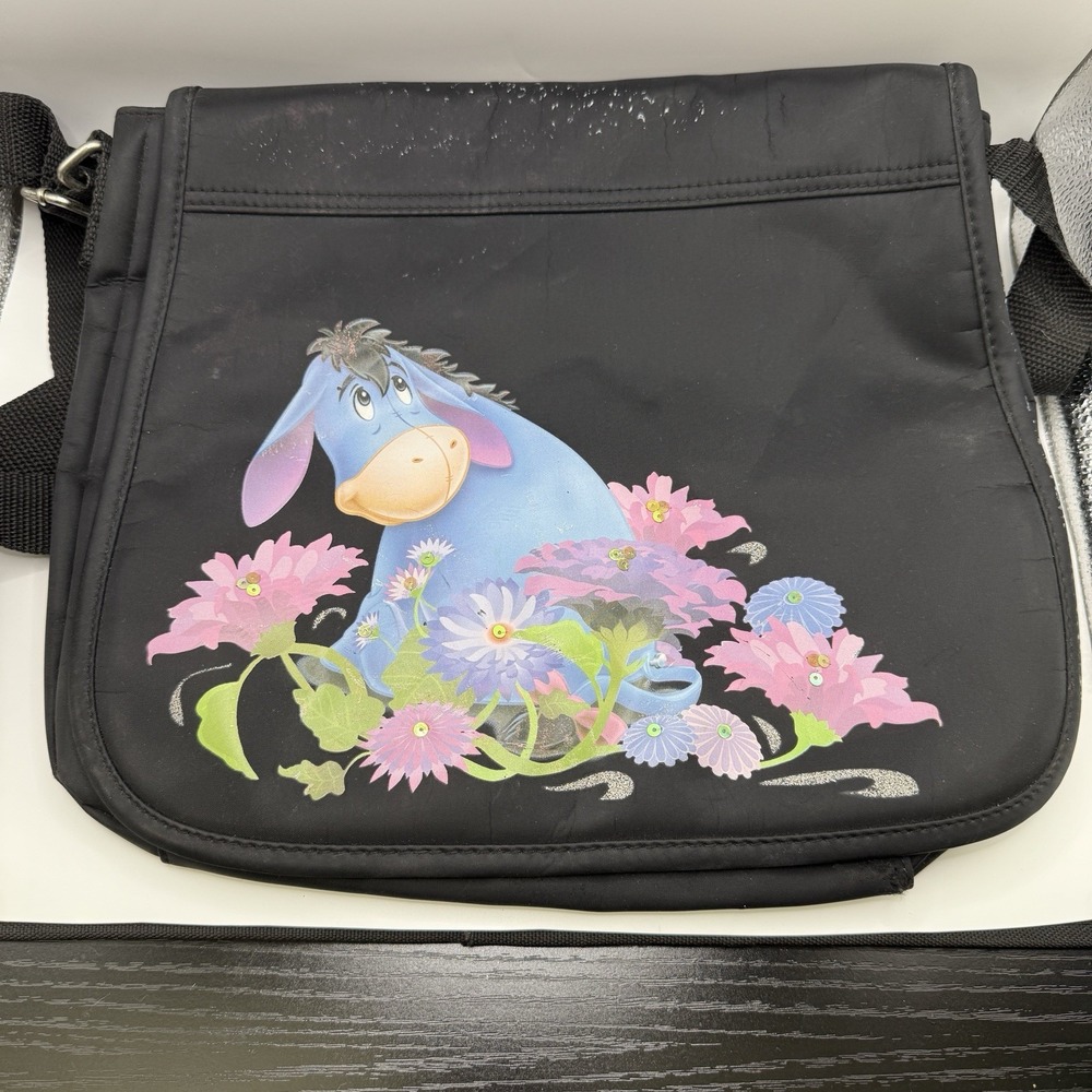 Disney Eeyore Graphic Black Nylon Crossbody Messenger Tote Bag
